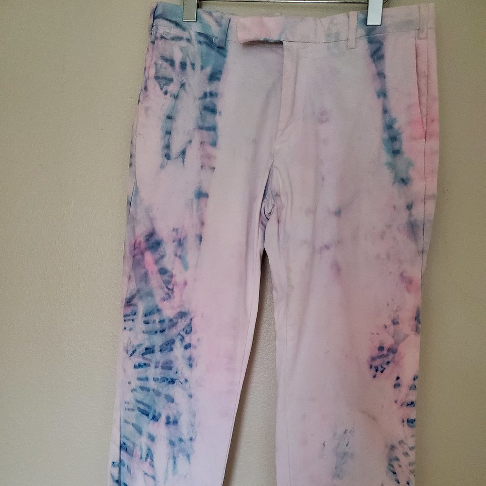 Men's Painted tie dyed cotton beach pants white blue purple pink Polo med 32 30